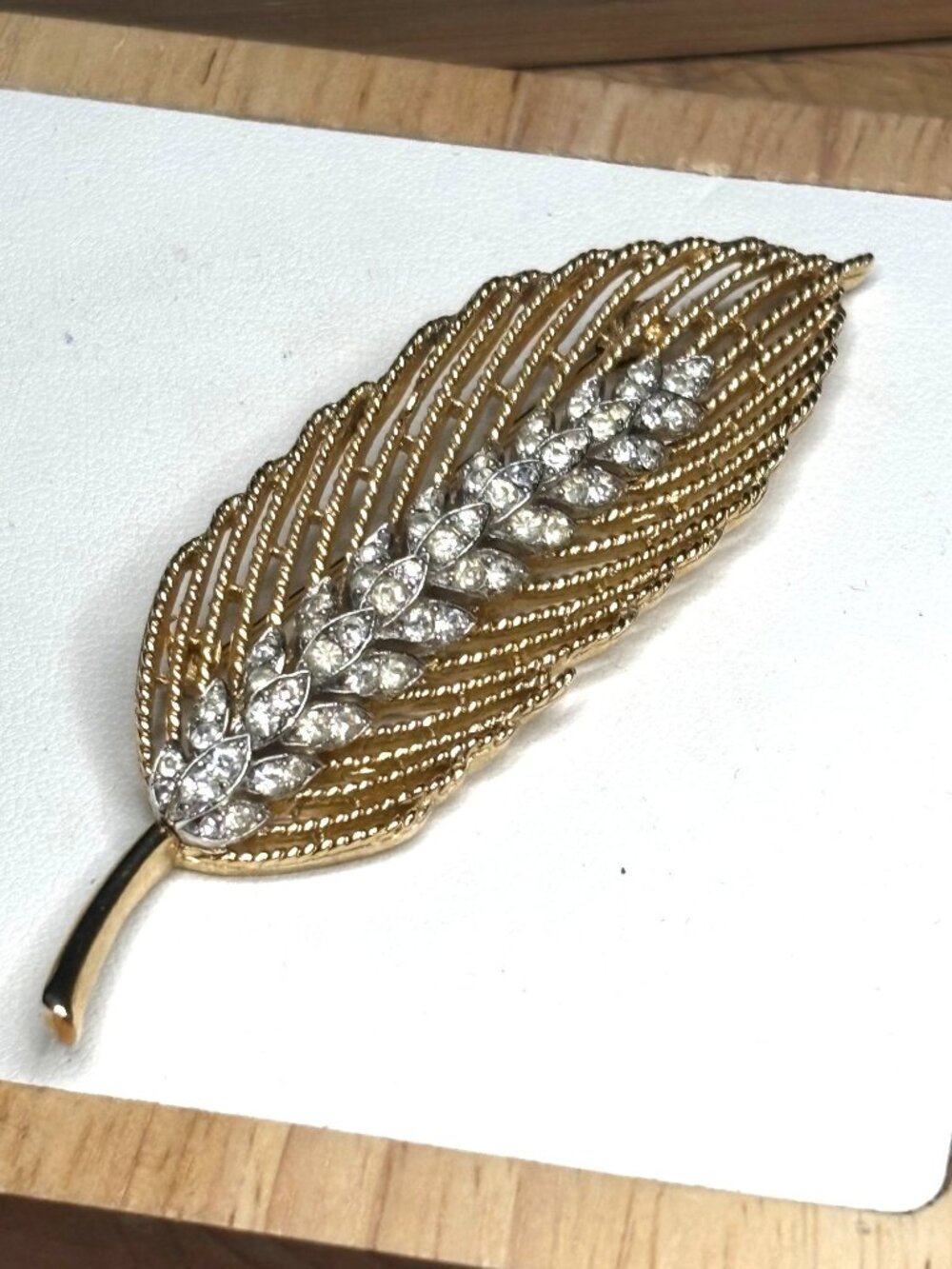 Vintage Gold Leaf Brooch With Rhinestones Elegant Jewelry Accessory 3" Length